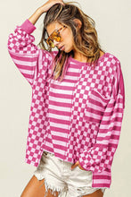 Load image into Gallery viewer, Checkerboard Striped Patchwork Lantern Sleeve Pocketed Blouse