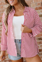 Load image into Gallery viewer, Red Stripe Patched Pocket Side Slit Loose Shirt