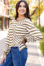 Load image into Gallery viewer, Checkerboard Striped Patchwork Lantern Sleeve Pocketed Blouse