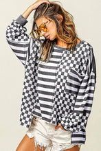 Load image into Gallery viewer, Checkerboard Striped Patchwork Lantern Sleeve Pocketed Blouse
