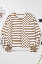 Load image into Gallery viewer, Checkerboard Striped Patchwork Lantern Sleeve Pocketed Blouse
