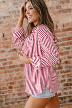 Load image into Gallery viewer, Red Stripe Patched Pocket Side Slit Loose Shirt

