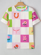 Load image into Gallery viewer, Orange Western Fashion Checker Print Crewneck T Shirt
