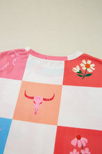 Load image into Gallery viewer, Orange Western Fashion Checker Print Crewneck T Shirt
