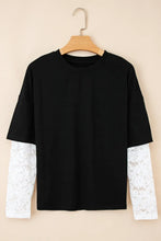 Load image into Gallery viewer, Black Lace Long Sleeve Insert Drop Shoulder Tee
