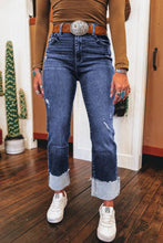 Load image into Gallery viewer, Folded Cuffs Distressed Straight High Waist Jeans
