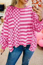 Load image into Gallery viewer, Checkerboard Striped Patchwork Lantern Sleeve Pocketed Blouse
