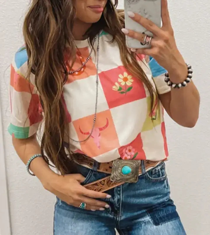 Orange Western Fashion Checker Print Crewneck T Shirt