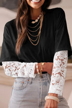 Load image into Gallery viewer, Black Lace Long Sleeve Insert Drop Shoulder Tee
