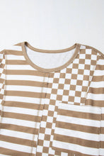 Load image into Gallery viewer, Checkerboard Striped Patchwork Lantern Sleeve Pocketed Blouse
