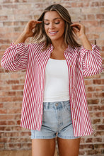 Load image into Gallery viewer, Red Stripe Patched Pocket Side Slit Loose Shirt
