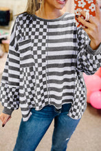 Load image into Gallery viewer, Checkerboard Striped Patchwork Lantern Sleeve Pocketed Blouse
