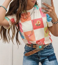 Load image into Gallery viewer, Orange Western Fashion Checker Print Crewneck T Shirt
